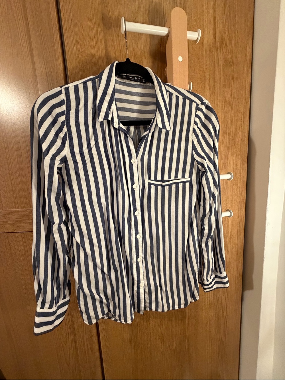 Zara Navy and White Vertical Stripe Button-Down Shirt